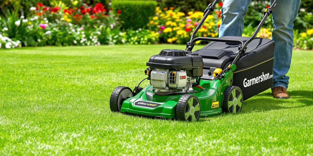 Petrol lawn mower cutting grass in a lush garden.