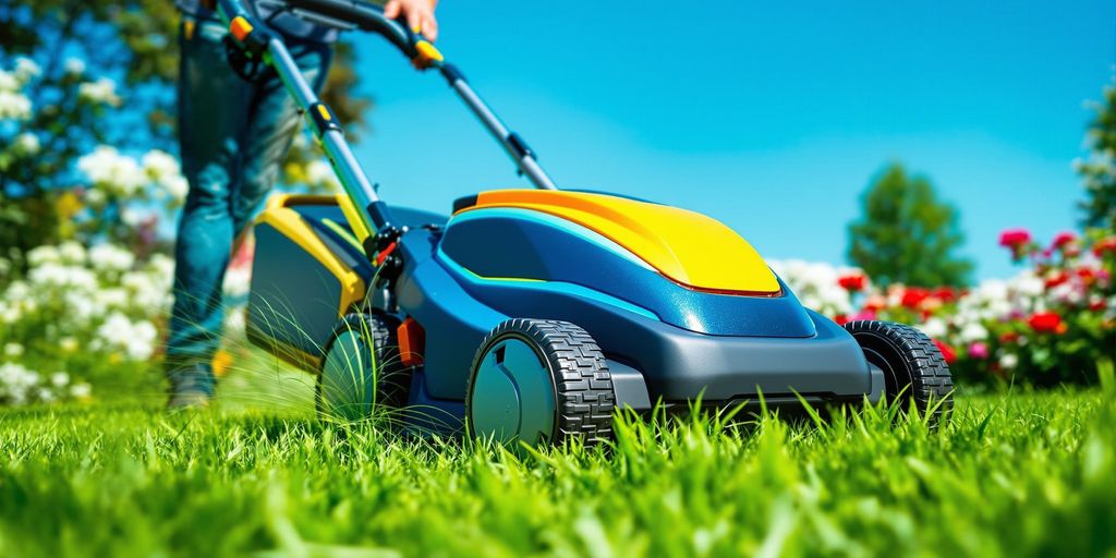 Electric lawn mower on a green lawn with flowers.