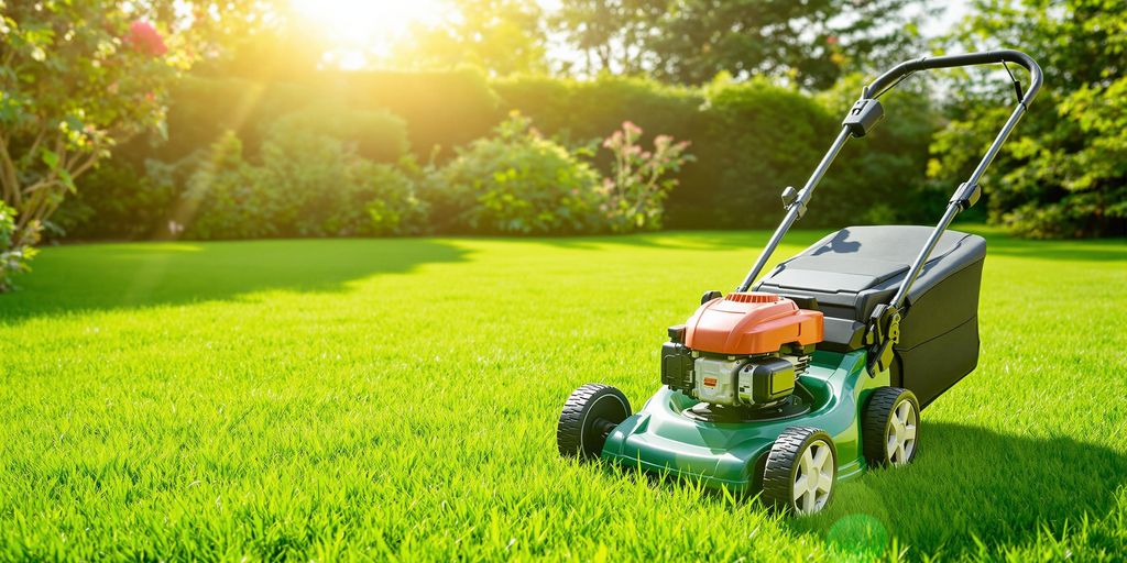 Small petrol lawnmower on a lush green lawn.